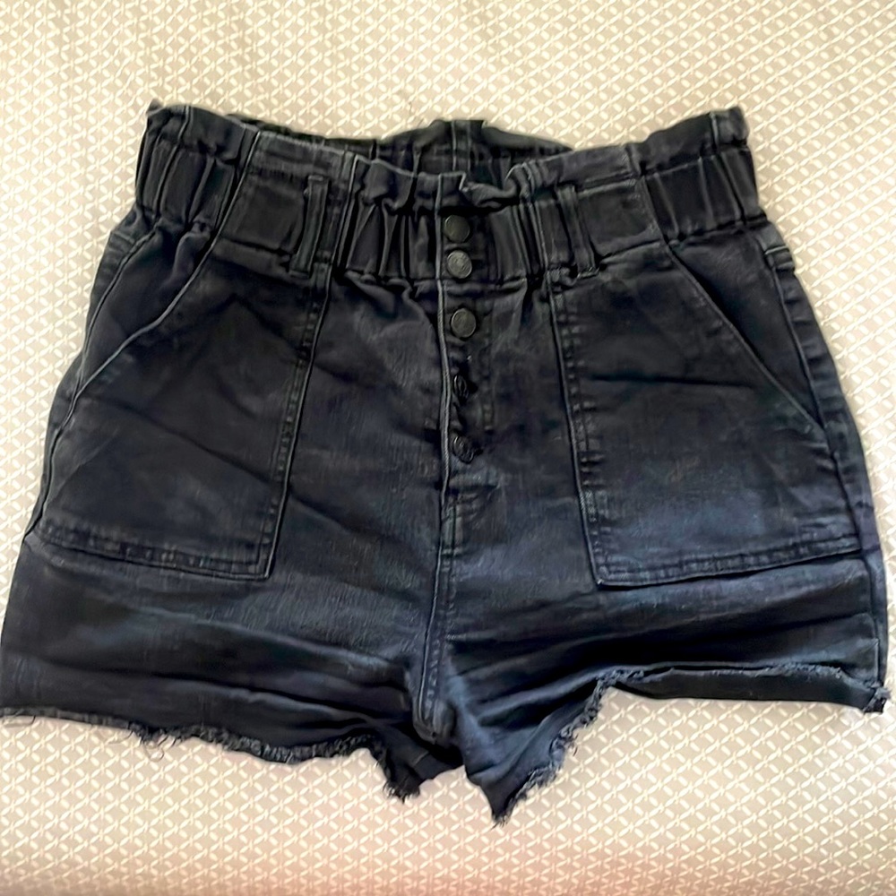 Rag stock paper bag high waisted button up black denim shorts
